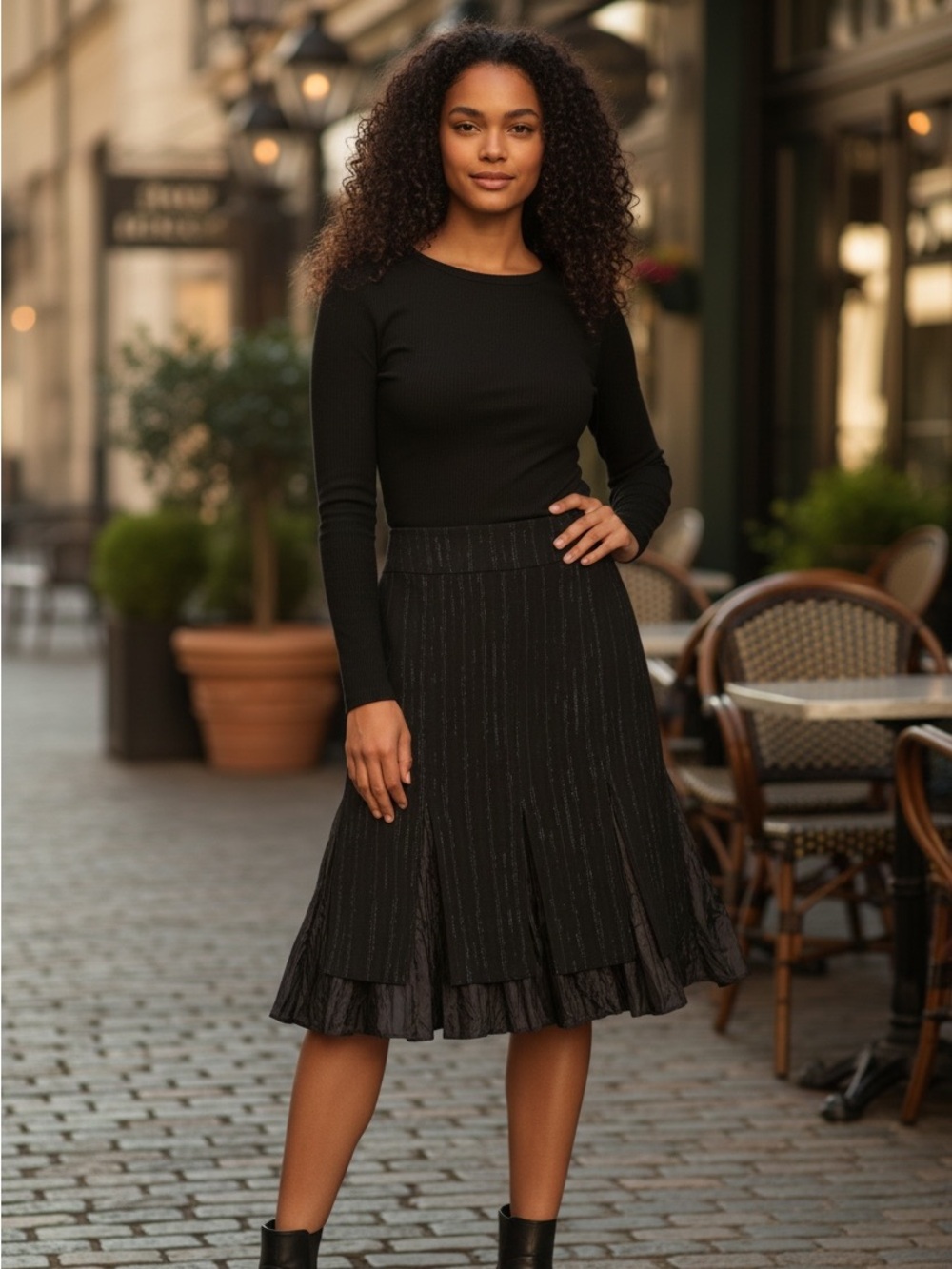 Marie Claire Black Pinstripe Midi Skirt with Ruffled Hem size 13